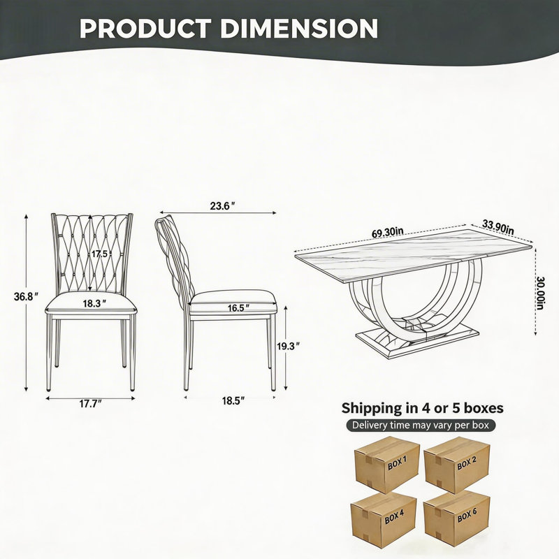 Ensemble de table de salle à manger 69,3 po pour 4 personnes, Ensemble de cinq pièces : table, quatre chaises, Gris