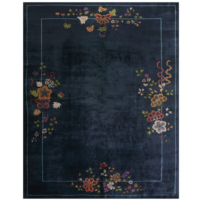 Navy Blue Color Field Antique Floral Pattern Chinese Deco Rug