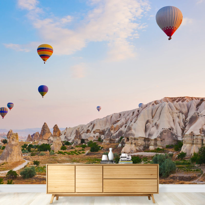 Hot Air Balloon Flying Over Rock Landscape at Cappadocia Turkey Self-Adhesive Large Wallpaper, 100" L x 144" W