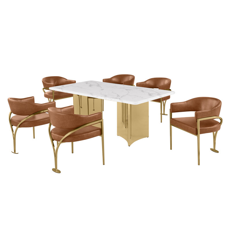 Ensemble de salle à manger en marbre blanc Grand avec chaises d'appoint Leathaire, H 30 po x L 72 po x l 40 po, Caramel