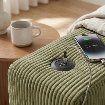 Canapé modulaire rembourré en velours côtelé avec méridienne, porte-gobelets et ports de charge USB Mirelle