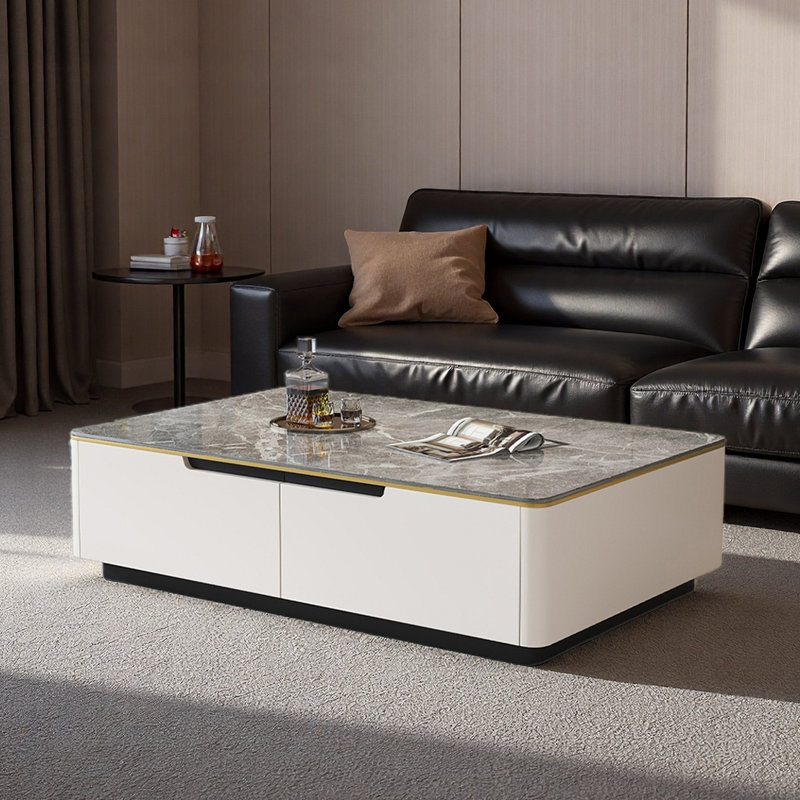 Modern rectangular stone slab coffee table, White/Gray, 16.9" H x 59.1" L x 31.5" W