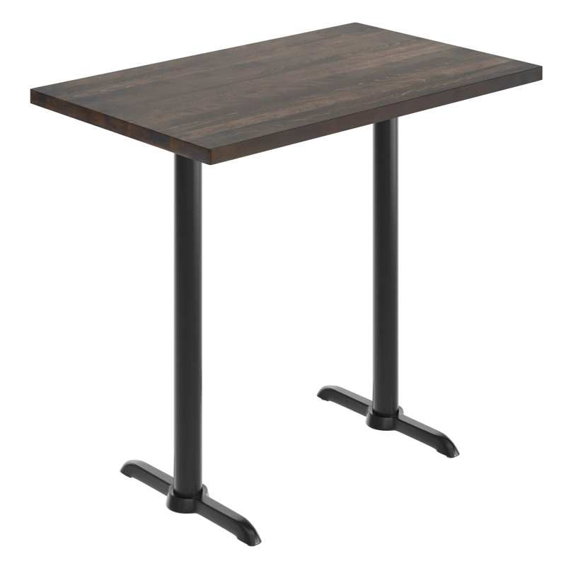 Rectangular Solid Wood Commercial Tabletop with Dual Bar Height T-Bases, Black, Dark Brown Wood, 42"H x 48"L x 30"W
