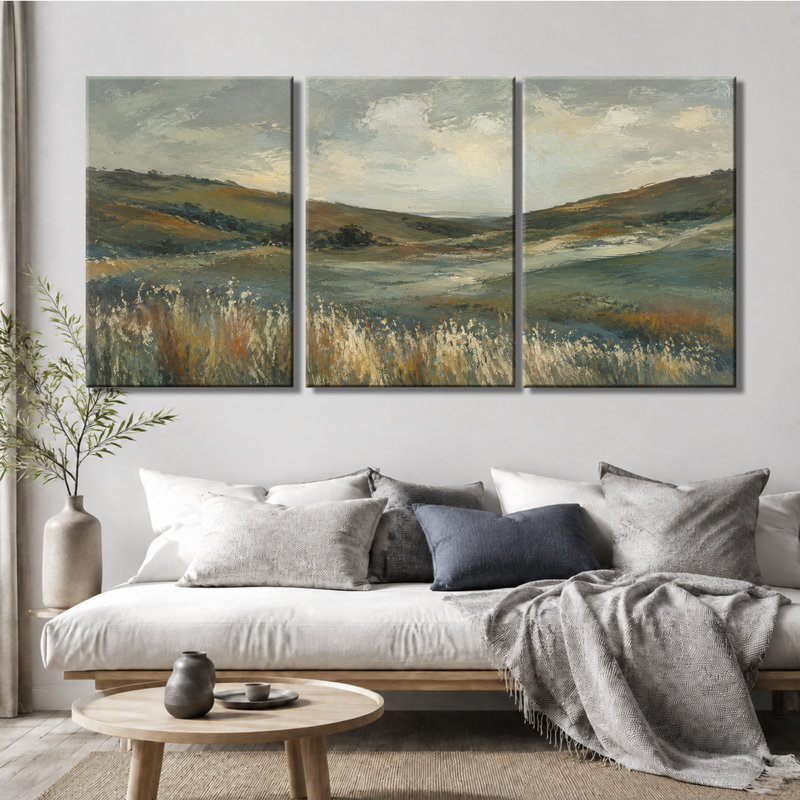Tableau en trois panneaux représentant un paysage de collines et de vallées vallonnées, imprimé sur toile tendue