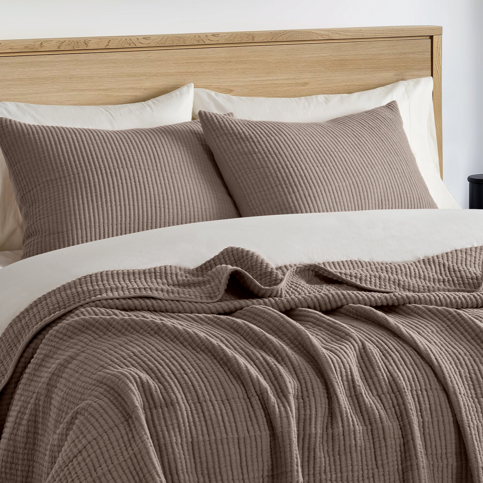 Ribbed Cotton Coverlet Set, King Quilt + 2 King Shams, Mocha Brown