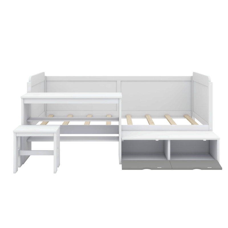 Lit de jour simple fonctionnel en bois avec tablettes de rangement intégrées et bureau, Blanc
