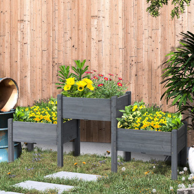 Support de jardin surélevé gris avec 3 pots à fleurs