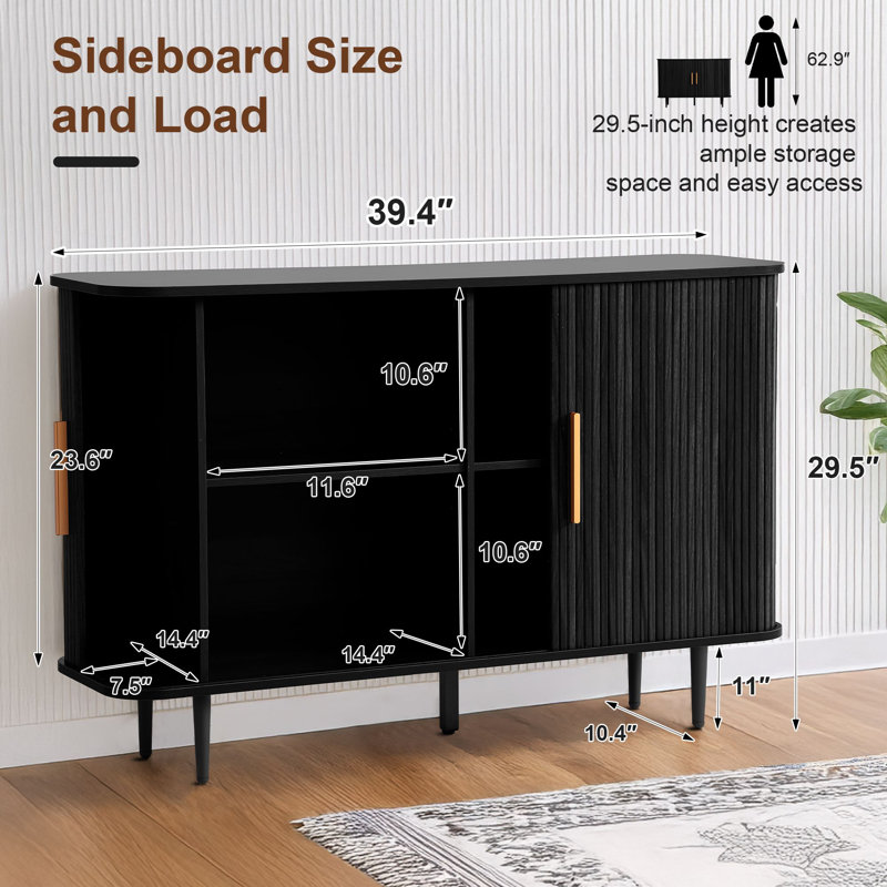 47" Sideboard Buffet Cabinet with Storage Cabinet with Tambour Slide Doors&Shelves, Fluted Storage Cabinet with Curvy Edge, Accent Console Buffet Cabinet,