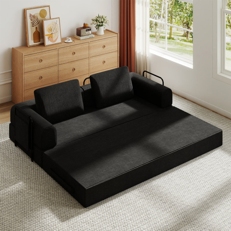 Canapé-lit convertible avec coussin cylindrique et structure de forme fixe, Noir