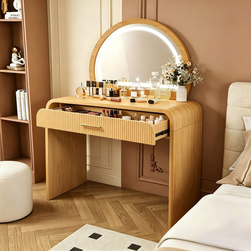 Table de coiffeuse 39 "avec miroir et miroir à écran tactile, coiffeuse avec tiroir pour chambre à coucher, Naturel