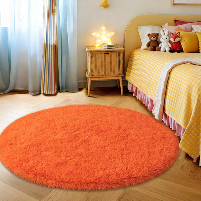 Orange Round Shag Rug Non-Slip Long-Pile Round Rug 4 ft Silk-Blend Rug Round Shag Rug Perfect for Teen Rooms Ideal for Bedrooms Great for Living Rooms Antibacterial Durable Material