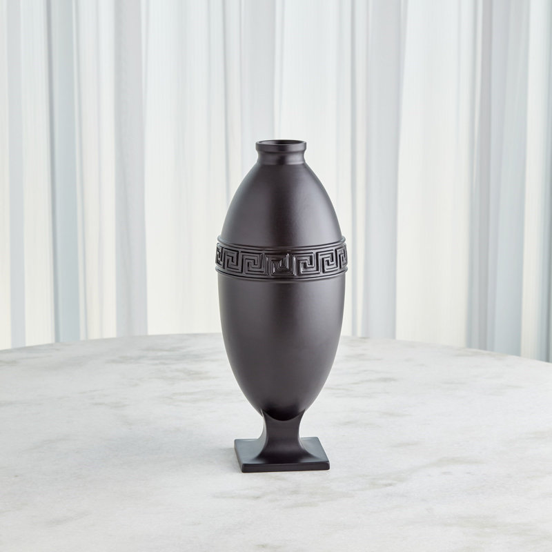 Greek Key Handmade Ceramic Table Vase, 18.5" H x 7.5" W x 7.5" D, Black