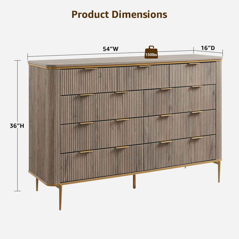 Commode à tiroirs cannelée 9 tiroirs, Gris aulne