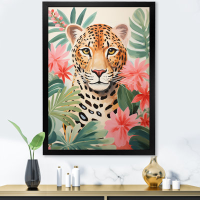 Léopard vert et rose dans la jungle I - art mural léopard / guépard