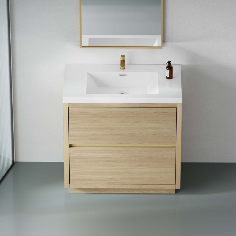 Meuble-lavabo autoportant avec lavabo, meuble-lavabo avec comptoir en résine de pierre et tiroirs à fermeture en douceur
