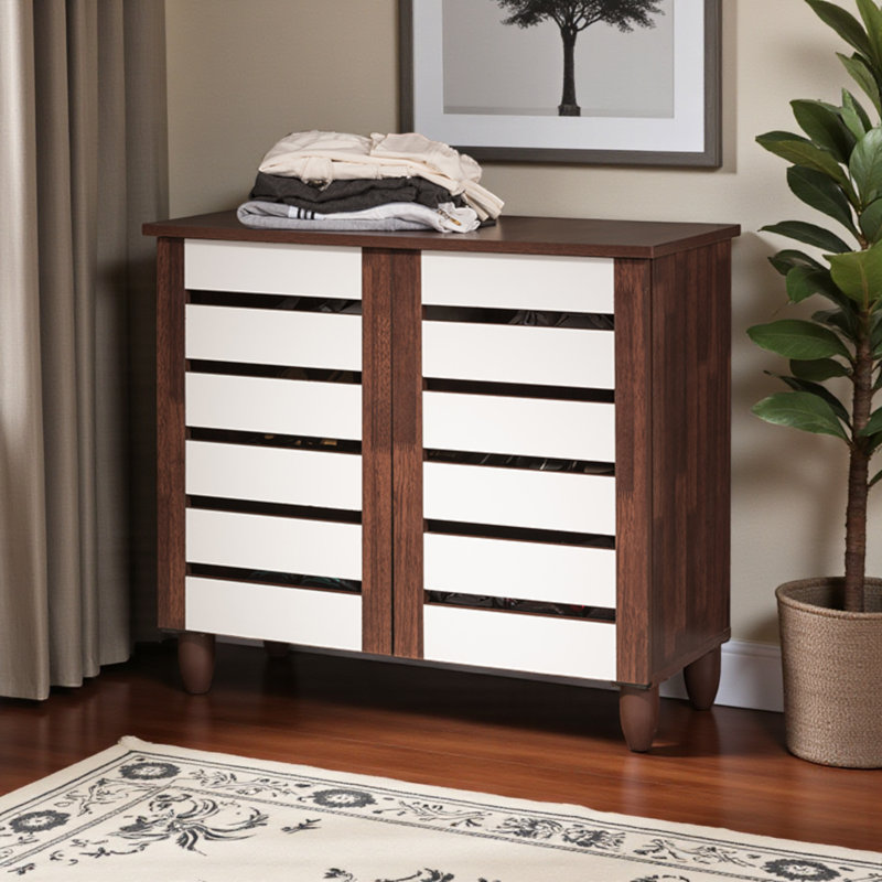 9 Pair Shoe Storage Cabinet with 2 Doors & 3 Shelves in Brown & White, 26.33" H X 29.95" W X 13.1"D