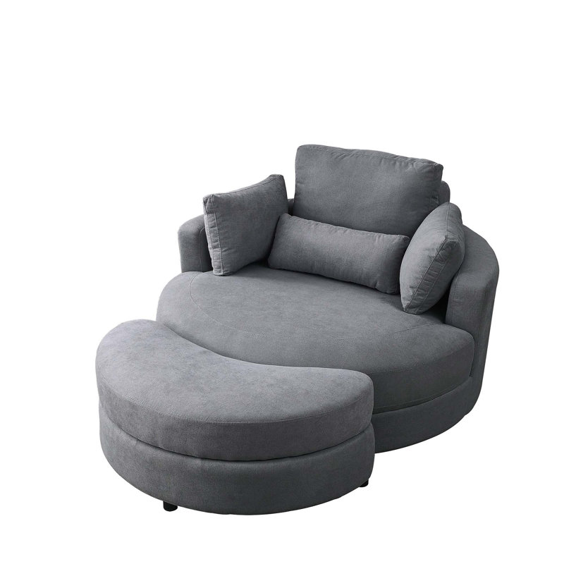 Quamere Swivel Chair with Storage Ottoman,oversized chair,barrel chair,Lounge Club Big Round Chair, Dark Gray Linen