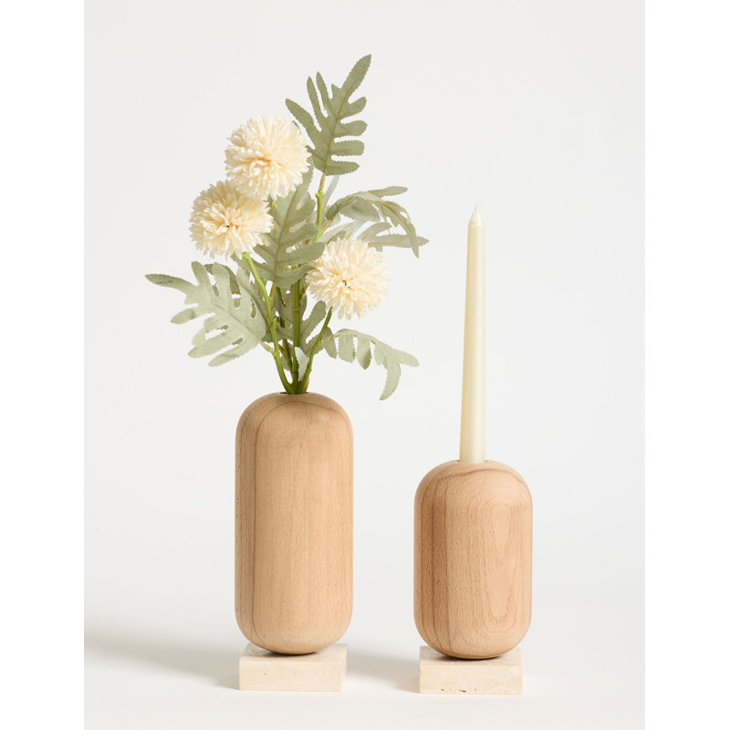 2 Pieces Natural Rattan Weaving Ceramic Vase With Glass Tube And Travertine Stand