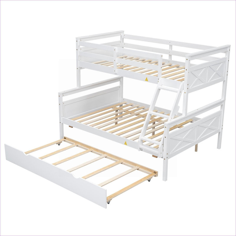 Lit superposé plateforme en pin massif, lit superposé simple au-dessus d'un lit double avec lit gigogne simple et échelle intégrée, ton blanc