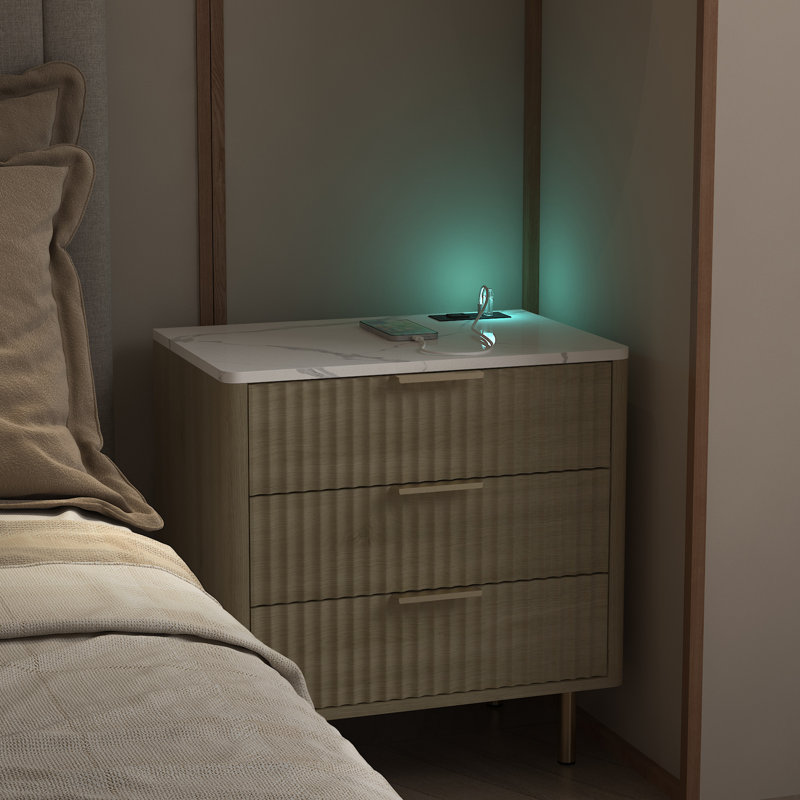 Nightstand With Charging Station, Smart Nightstand With Night Light, Modern Night Stand With Storage Cabinet For Bedroom, Wood