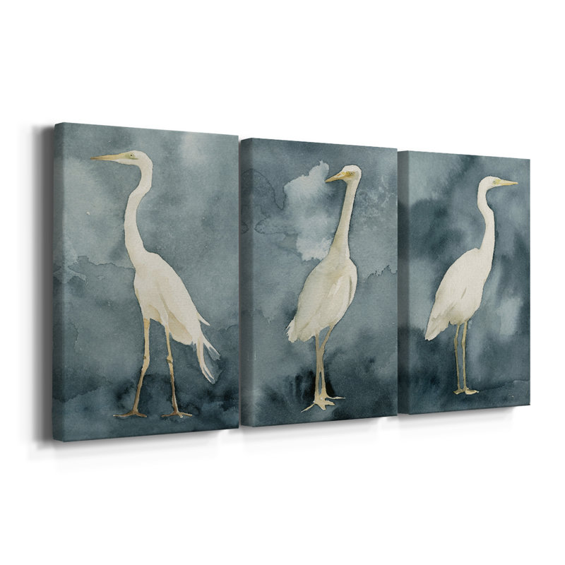 Simple Egret I - toile tendue avec châssis sur mesure - 3 pièces, H 48 po x l 96 po, Impression sans cadre