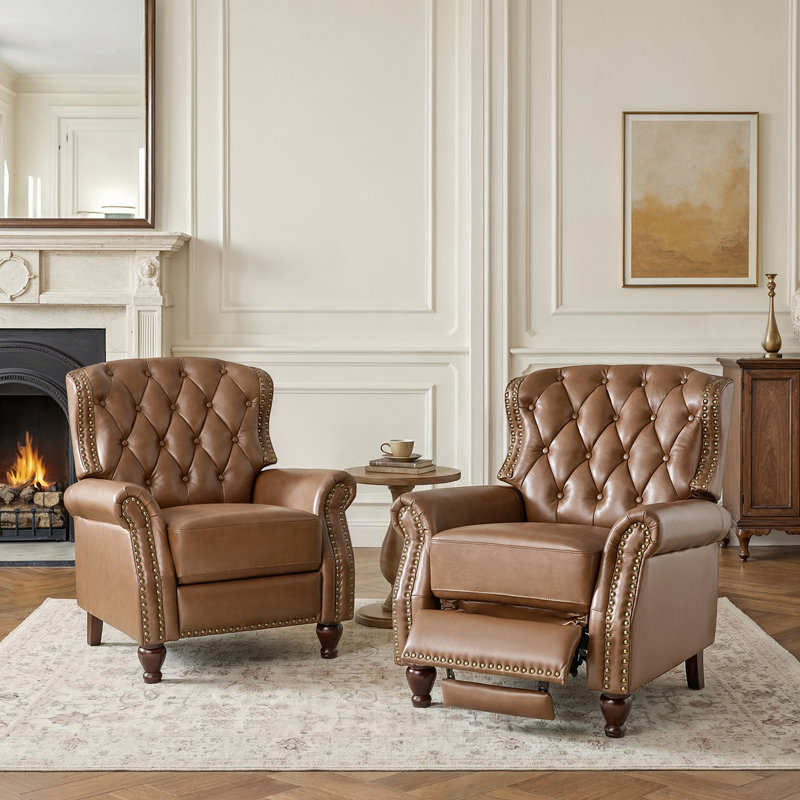 Fauteuil inclinable manuel en cuir véritable de 34,5 po de largeur Amaira (ensemble de 2), Chameau  