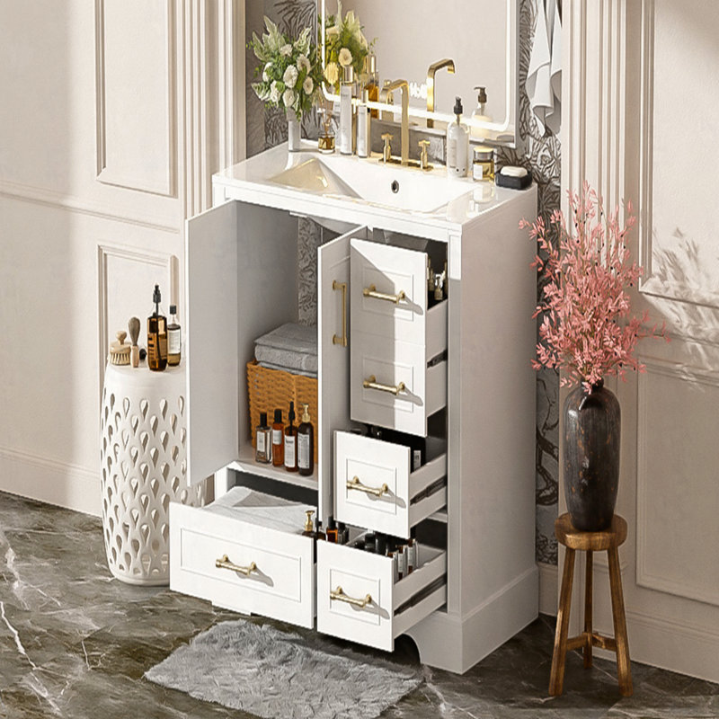 Armoire de salle de bain 36 po avec lavabo en céramique 36 po avec deux portes à fermeture douce et quatre tiroirs, Blanc