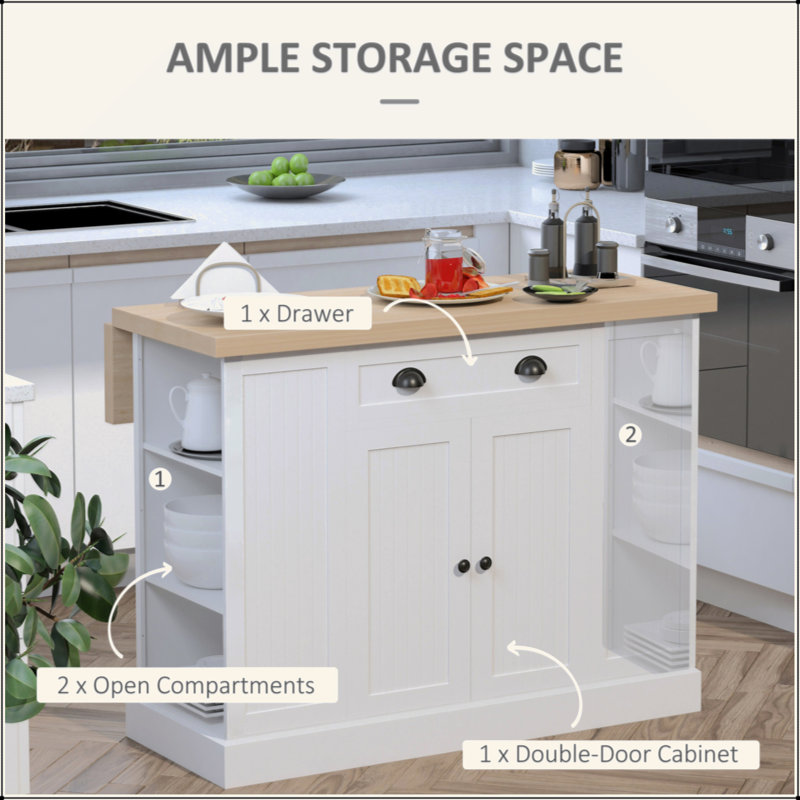 47" Fluted-Style Wooden Kitchen Island, Kitchen Countertop Storage Cabinet With Drop Leaf, Drawer, Open Shelves, Storage, White