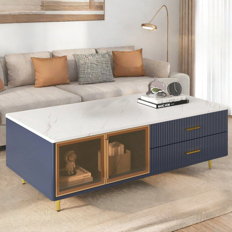 Table basse moderne avec 2 portes en verre et 4 tiroirs de rangement, Navy