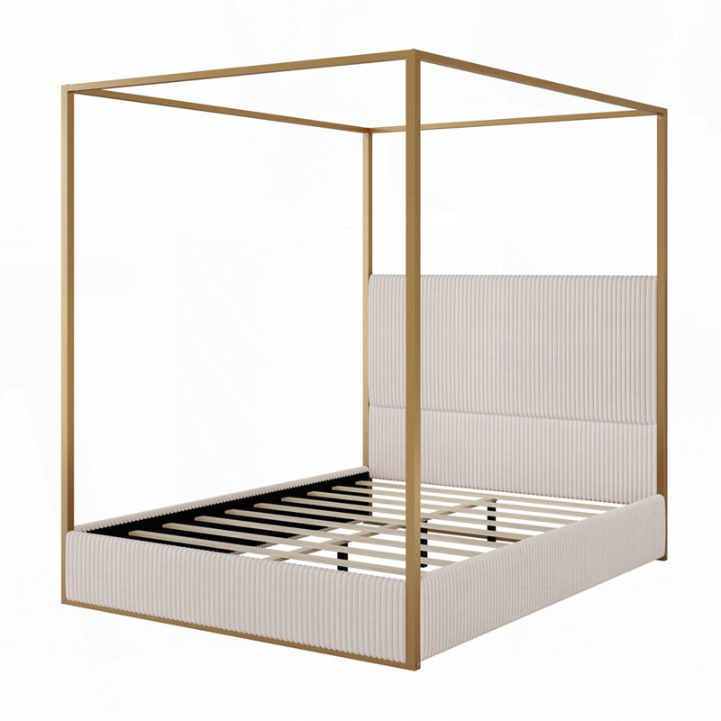 Corduroy Upholstered Canopy Bed With Tall Headboard, Beige/Gold, Queen