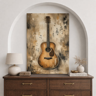 Vintage Acoustic Guitar With Music Notes Artwork, Music Room Pictures, Framed Canvas Giclee Print Wall Art