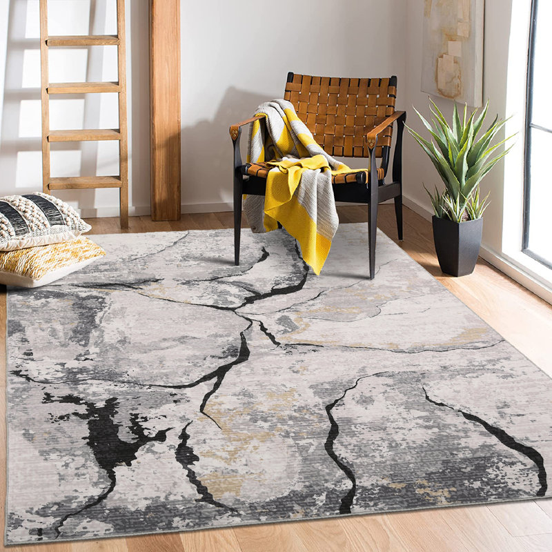 Tapis abstrait lavable pour salon, chambre à coucher et buanderie, Gray, Runner 2' x 6'