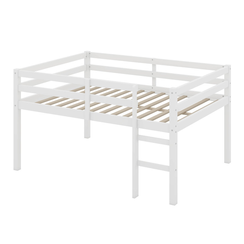 Lit mezzanine double en bois d'hévéa avec échelle, Blanc