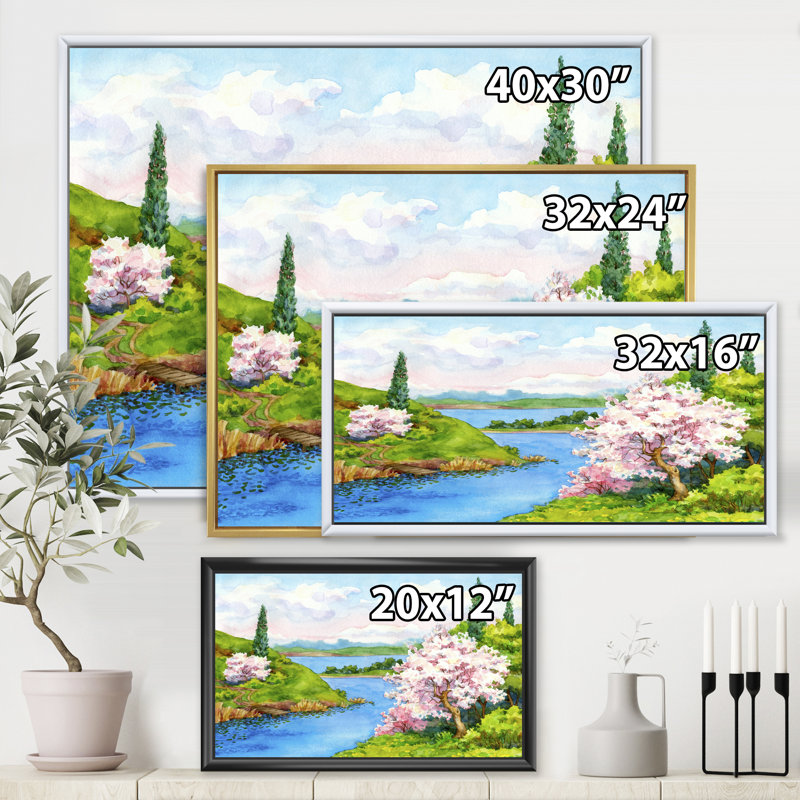 Paysage printanier sous un ciel bleu vif - peinture sur toile, Toile encadrée noire, H 24 po x l 32 po x P 1 po