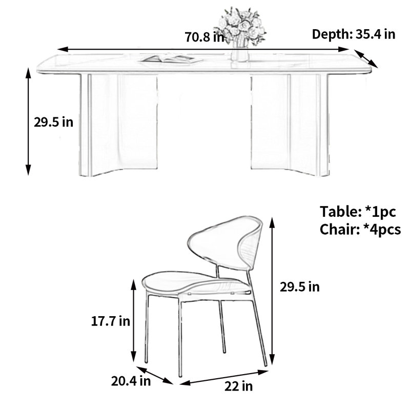 Table de salle à manger et chaise Compact Minimalist, H 29,5 po x L 70,8 po x l 35,4 po