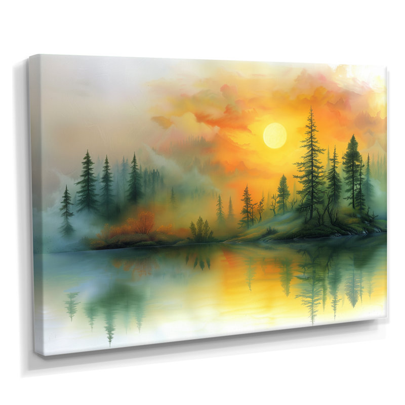 Vert, jaune, lever de soleil, brouillard dans la forêt I - forêt, art mural, H 30 po x l 40 po x P 1,5 po, Toile tendue