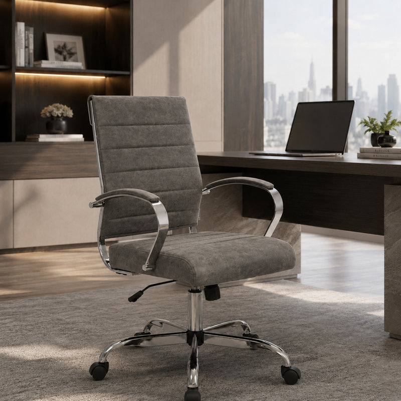 Fauteuil de bureau à dossier moyen en faux cuir Mulkey, Gris anthracite