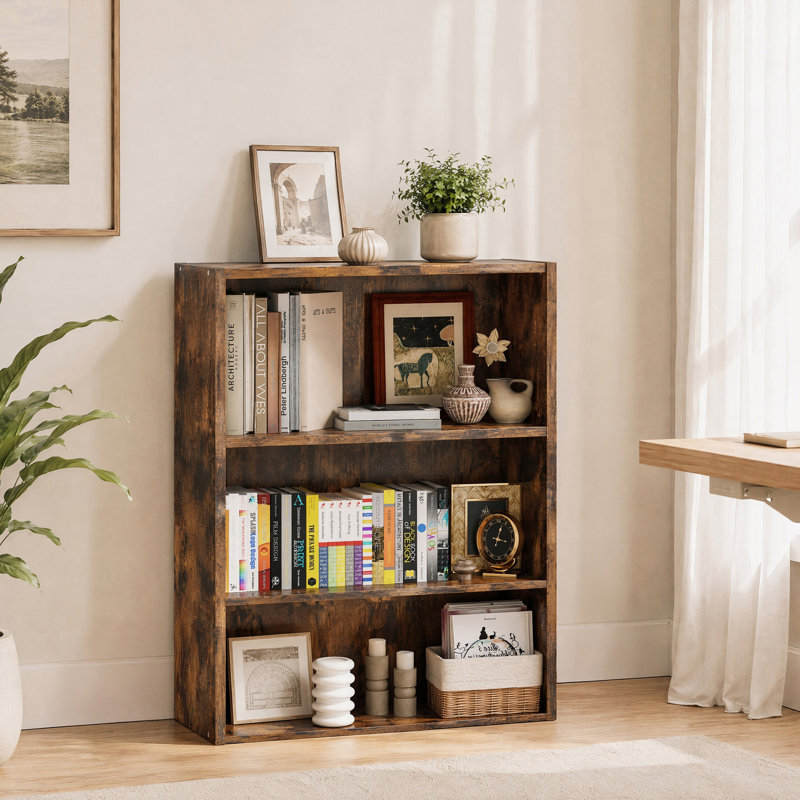 Adjustable Wooden Standard 3-Tier Bookcase, Rustic Brown, (3 Shelves) 32"H x 23.8"W x 9.2"D