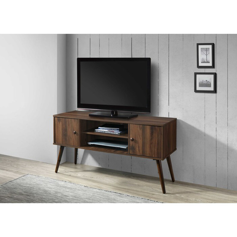 Meuble télé Mid-Century de 47 po avec téléviseur de 50 à 55 po, 2 tablettes et 2 armoires de rangement, Noyer foncé