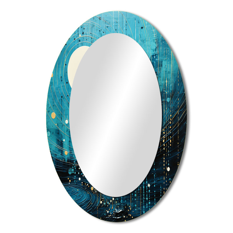 Teal And Black Minimalism Moon II - Blue Oval Wall Mirror Decor, 36" x 24"