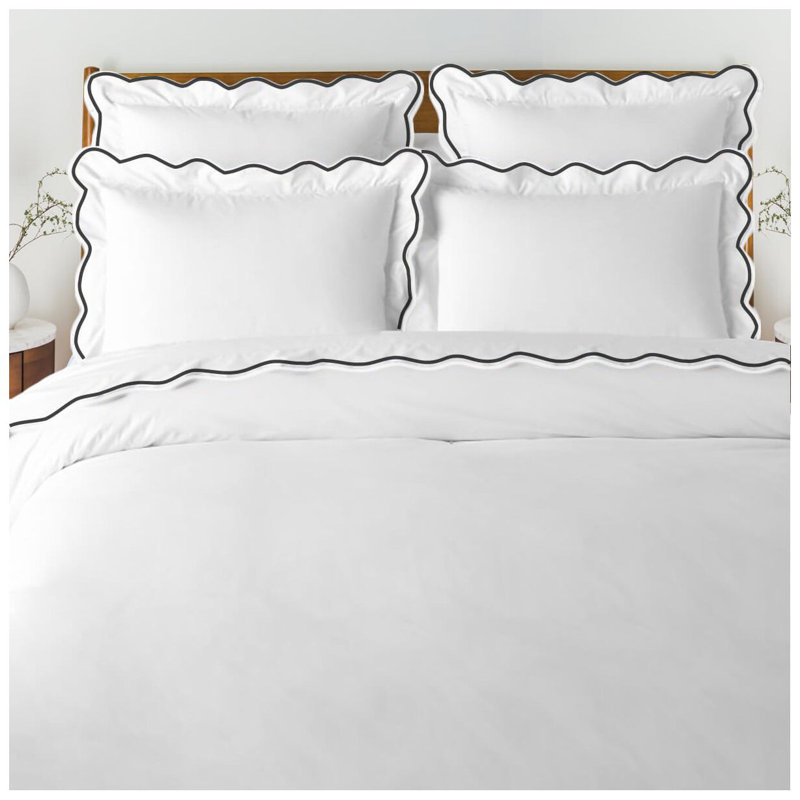 400TC Cotton Scallop Embroidery Sateen Duvet Cover Set, Black/White, Twin XL Duvet Cover + 2 Standard Pillowcases