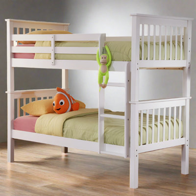 Lit superposé simple au-dessus de simple Shannon, en bois massif blanc, convertible en 2 lits simples, barrières de sécurité, échelle réversible, comprend 2 tiroirs sous le comptoir, assemblage facile