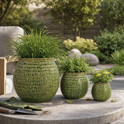 Contemporary Ridged Ceramic Planters For Indoor Patio Or Outdoor Garden - Textured Flower Pot For Home And Living Room Decor - Set Of 3, 11", 8", 5"