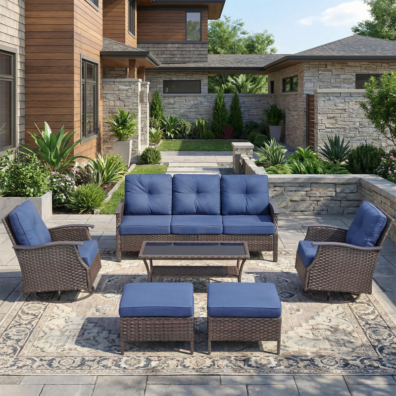 6-Piece All-Weather Outdoor Wicker Patio Sofa Set With Swivel Chairs And Ottomans