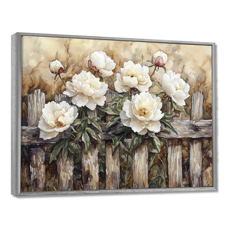 Drees, campagne, pivoines par la vieille clôture I - pivoines, art mural, Argent argent, Impression encadrée flottante