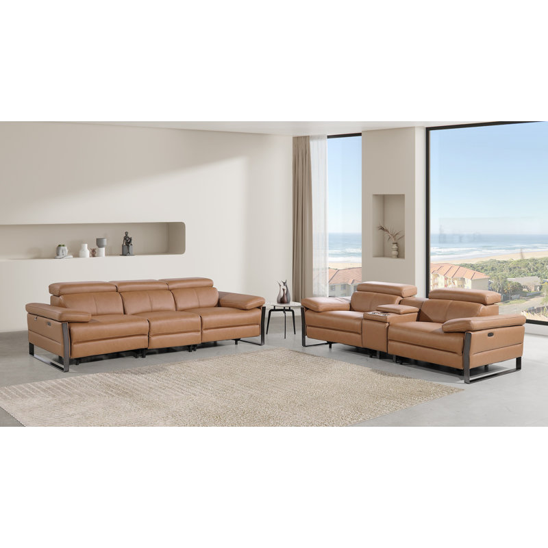 Ensemble de canapé modulaire inclinable électrique en cuir italien avec accoudoirs électriques et console, Cognac