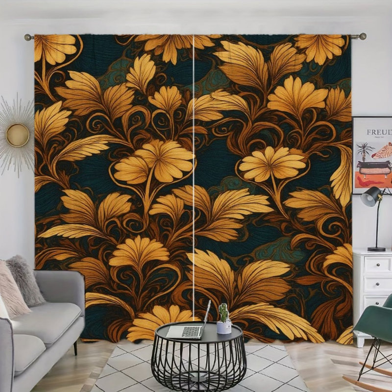 2Pcs Golden Floral Curtains, Dark Green Background, Elegant Luxury Pattern, Rod Pocket Window Drapes, Living Room Bedroom Study Window Decor