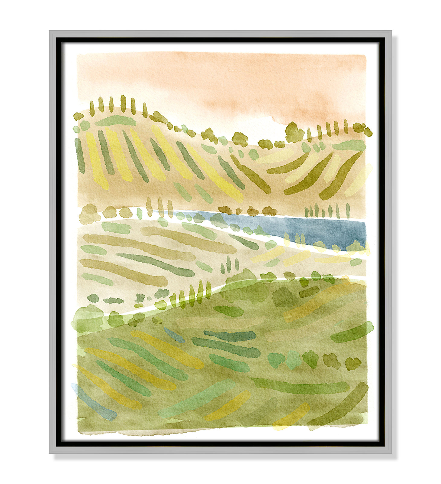 Tuscan Countryside Print, Silver Floater Framed Canvas, No Mat, 21.5" H x 17.5" W x 2" D
