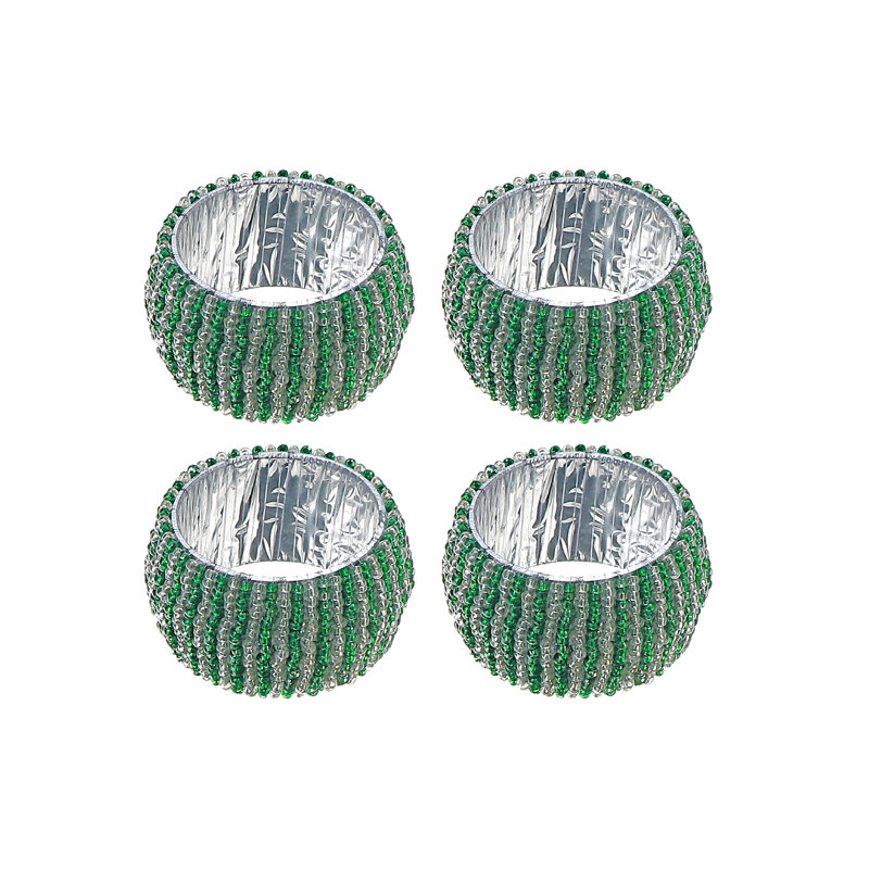Green and Silver Beaded Glass Napkin Rings Set of 4