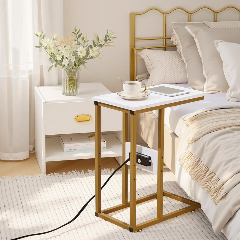 C End Table With USB And Built-In Outlets Sofa Table with Charging Station for Living Room, White Top/Gold Base